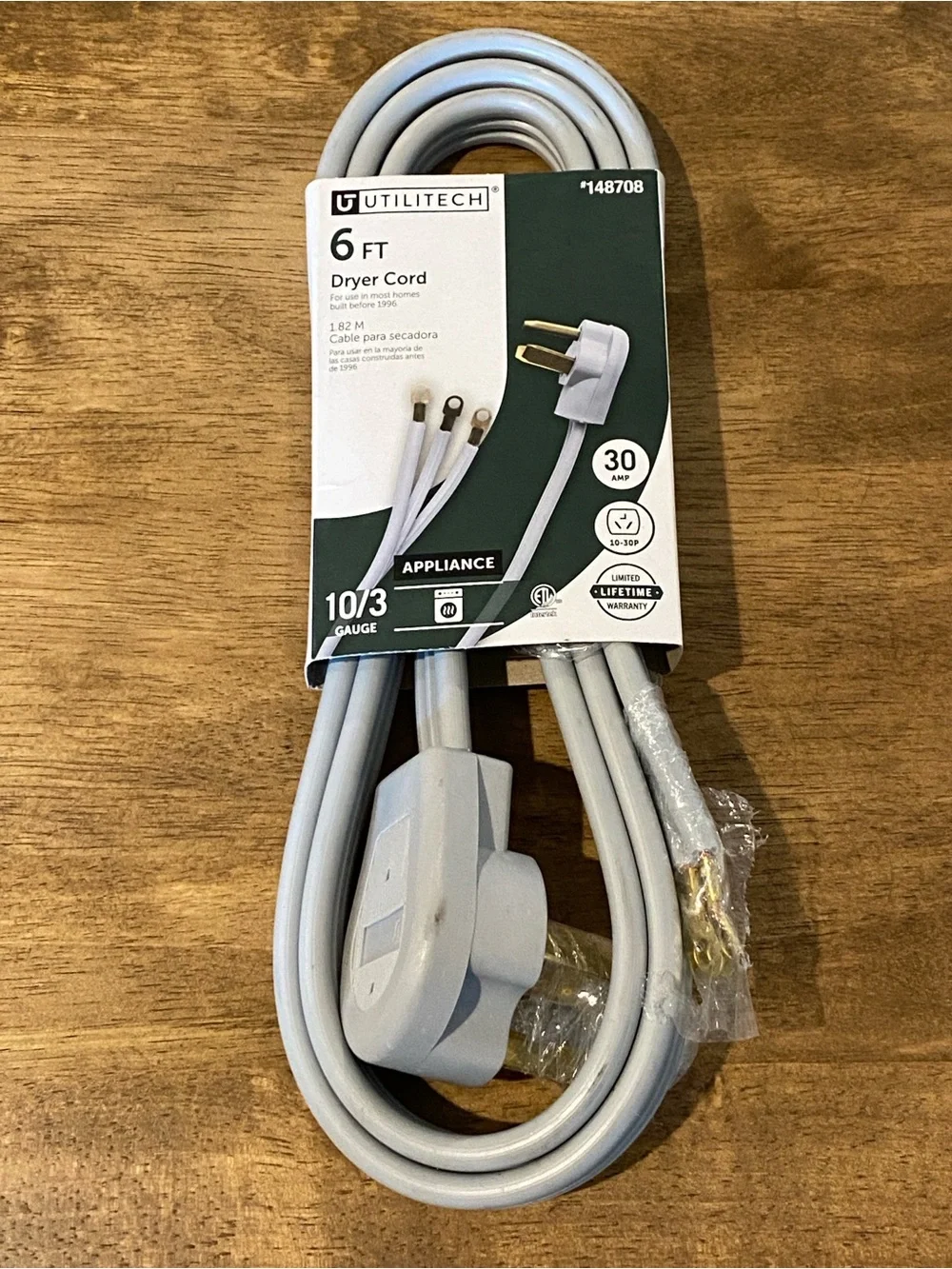 6 ft Gray Dryer Cord - 30A 10/3 Gauge